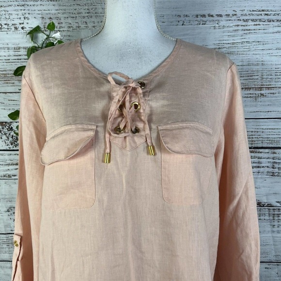 Ellen Tracy Company Tunic Blouse Large Peach Linen Sailor Beach Modest Church - Picture 4 of 13